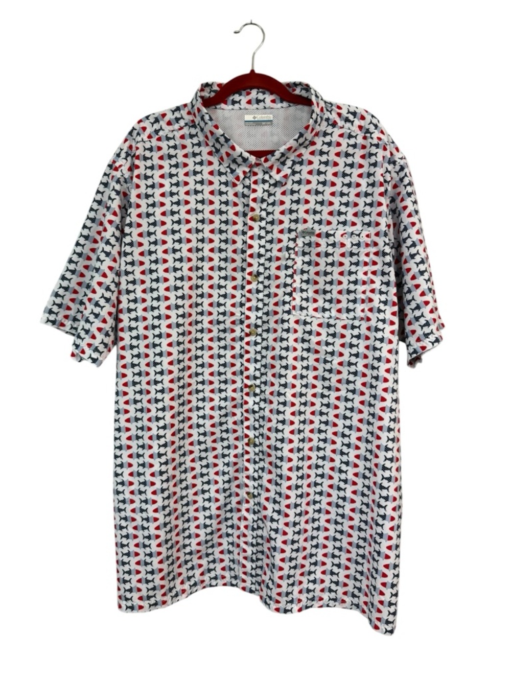Columbia Men's 3XT Button Down Vented Fishing Shirt Red White Blue Short Sleeves